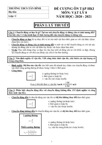 Đề cương ôn tập học kì I môn Vật lý 8 - Năm học 2020-2021 - Trường THCS Tân Bình