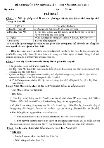 Đề cương ôn tập học kì II môn Địa lí 7 - Năm học 2016-2017