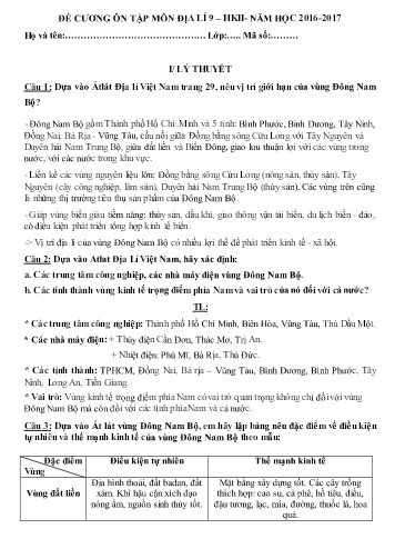 Đề cương ôn tập học kì II môn Địa lí 9 - Năm học 2016-2017