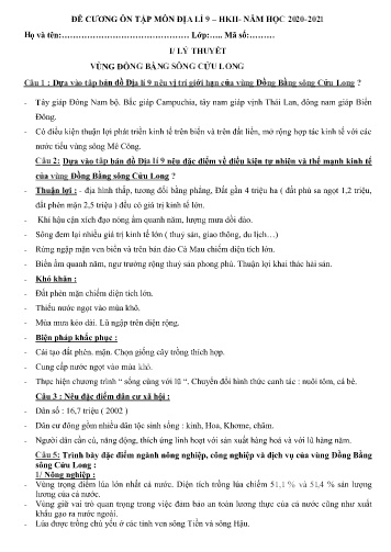 Đề cương ôn tập học kì II môn Địa lí 9 - Năm học 2020-2021