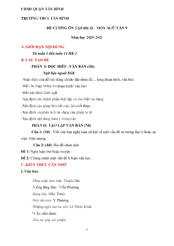 Đề cương ôn tập học kì II môn Ngữ văn 9 - Năm học 2020-2021 - Trường THCS Tân Bình