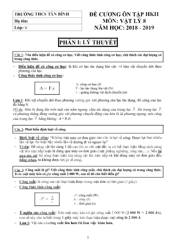 Đề cương ôn tập học kì II môn Vật lý 8 - Năm học 2018-2019 - Trường THCS Tân Bình