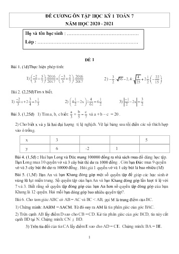 Đề cương ôn tập học kỳ 1 môn Toán 7 - Năm học 2020-2021