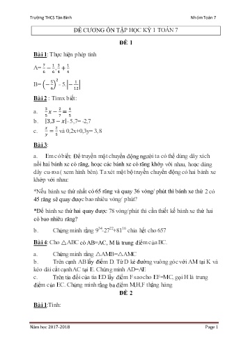 Đề cương ôn tập học kỳ I môn Toán 7 - Năm học 2017-2018 - Trường THCS Tân Bình