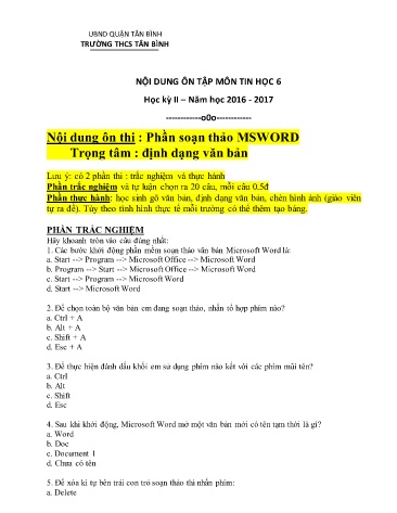 Đề cương ôn tập học kỳ II môn Tin học 6 - Năm học 2016-2017 - Trường THCS Tân Bình