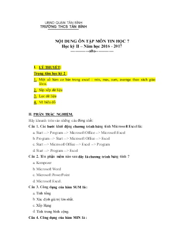 Đề cương ôn tập học kỳ II môn Tin học 7 - Năm học 2016-2017 - Trường THCS Tân Bình