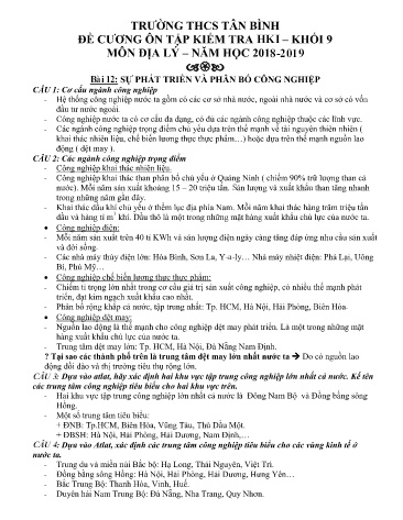 Đề cương ôn tập kiểm tra học kì I môn Địa lý 9 - Năm học 2018-2019 - Trường THCS Tân Bình