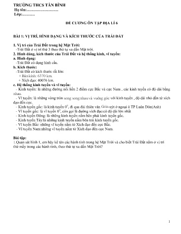 Đề cương ôn tập môn Địa lí Lớp 6 - Trường THCS Tân Bình