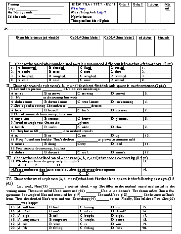 Đề kiểm tra 1 tiết học kì II môn Tiếng Anh Lớp 7