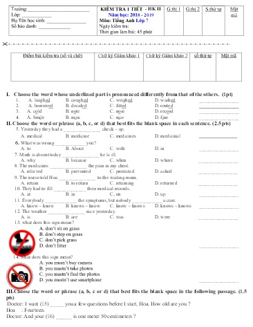 Đề kiểm tra 1 tiết học kì II Tiếng Anh Lớp 7 - Năm học 2018-2019