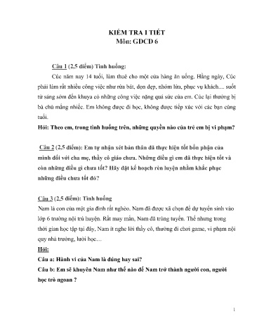 Đề kiểm tra 1 tiết môn Giáo dục công dân Lớp 6