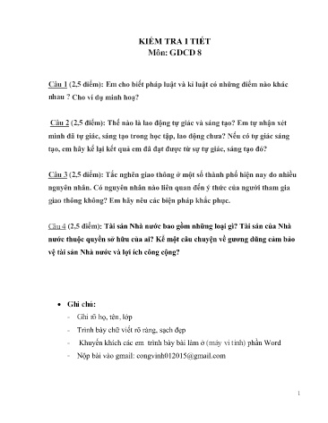 Đề kiểm tra 1 tiết môn Giáo dục công dân Lớp 8