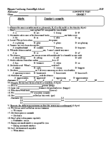 Đề kiểm tra 15 phút môn Tiếng Anh Lớp 7 - Nguyen Van Luong Junior High School