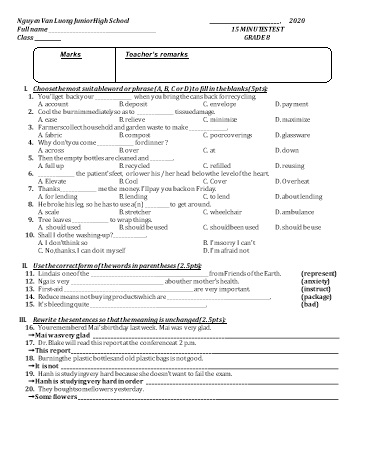 Đề kiểm tra 15 phút môn Tiếng Anh Lớp 8 - Nguyen Van Luong Junior High School