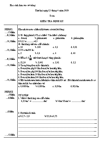 Đề kiểm tra định kỳ Toán + Tiếng Việt Lớp 5 - Năm học 2019-2020