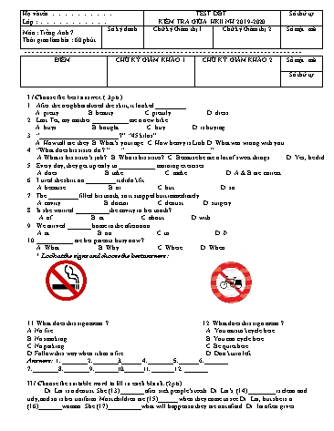 Đề kiểm tra giữa học kì II môn Tiếng Anh 7 (Test DBT) - Năm học 2019-2020