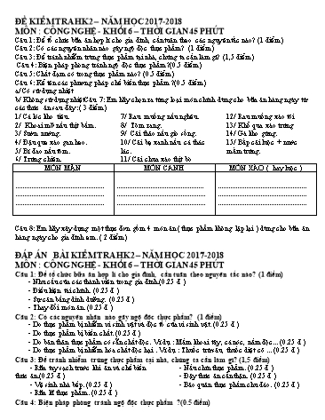 Đề kiểm tra học kì 2 môn Công nghệ 6 - Năm học 2017-2018 (Có đáp án)