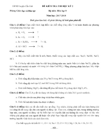 Đề kiểm tra học kì 2 môn Hóa học 8 - Năm học 2017-2018 - Phòng GD&ĐT huyện Cần Giờ (Có đáp án)