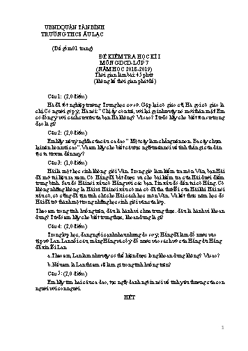 Đề kiểm tra học kì I môn Giáo dục công dân Lớp 7 - Năm học 2018-2019 - Trường THCS Âu Lạc (Có đáp án)