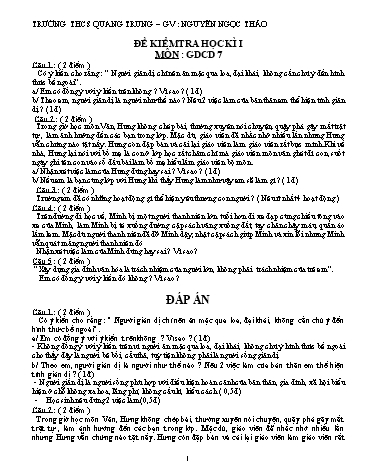 Đề kiểm tra học kì I môn Giáo dục công dân Lớp 7 - Nguyễn Ngọc Thảo (Có đáp án)