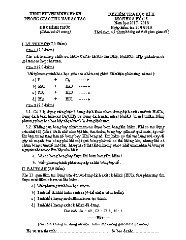 Đề kiểm tra học kì II môn Hóa học 8 - Năm học 2017-2018 - Phòng GD&ĐT Bình Chánh (Có đáp án)
