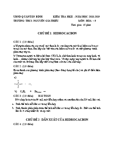 Đề kiểm tra học kì II môn Hóa học 9 - Năm học 2018-2019 - Trường THCS Nguyễn Gia Thiều (Có đáp án)
