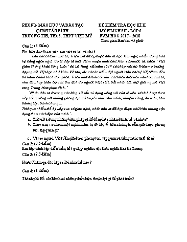 Đề kiểm tra học kì II môn Lịch sử 6 - Năm học 2017-2018 - Trường TH, THCS, THPT Việt Mỹ (Có đáp án)