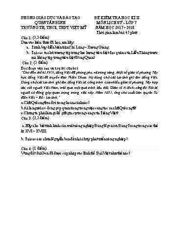 Đề kiểm tra học kì II môn Lịch sử 7 - Năm học 2017-2018 - Trường TH, THCS, THPT Việt Mỹ (Có đáp án)