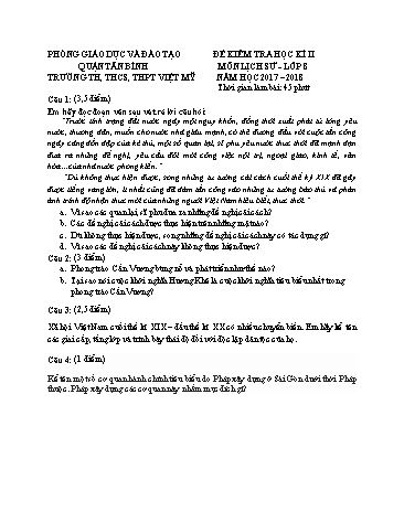 Đề kiểm tra học kì II môn Lịch sử 8 - Năm học 2017-2018 - Trường TH, THCS, THPT Việt Mỹ (Có đáp án)