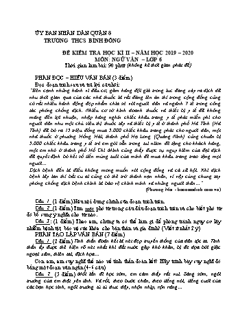 Đề kiểm tra học kì II môn Ngữ văn Lớp 6 - Năm học 2019-2020 - Trường THCS Bình Đông
