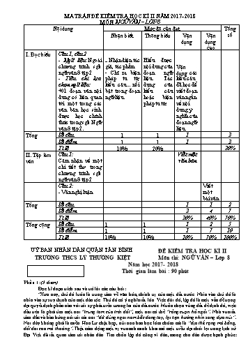 Đề kiểm tra học kì II môn Ngữ văn Lớp 8 - Năm học 2017-2018 - Trường THCS Lý Thường Kiệt (Có đáp án)