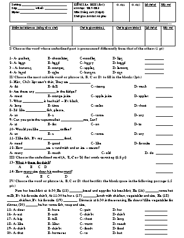 Đề kiểm tra học kì II môn Tiếng Anh Lớp 6 (Lần I) - Năm học 2017-2018