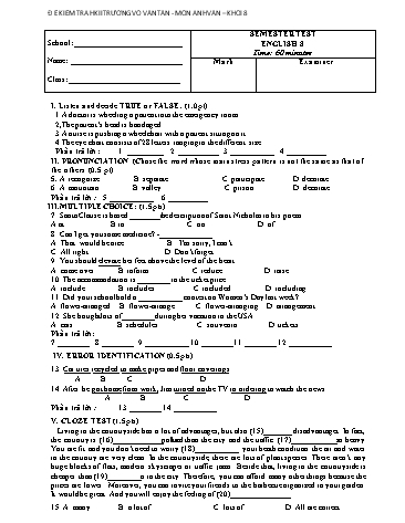 Đề kiểm tra học kì II môn Tiếng Anh Lớp 8 - Trường THCS Võ Văn Tần