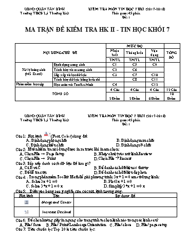 Đề kiểm tra học kì II môn Tin học 7 - Đề 1 - Năm học 2017-2018 - Trường THCS Lý Thường Kiệt (Có đáp án)