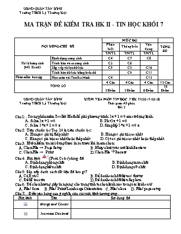 Đề kiểm tra học kì II môn Tin học 7 - Đề 2 - Năm học 2017-2018 - Trường THCS Lý Thường Kiệt (Có đáp án)