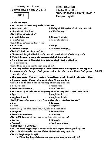 Đề kiểm tra học kì II môn Tin học 9 (Phần lý thuyết) - Đề A - Năm học 2017-2018 - Trường THCS Lý Thường Kiệt (Kèm đáp án)