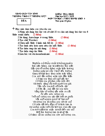 Đề kiểm tra học kì II môn Tin học 9 (Phần thực hành) - Đề A - Năm học 2017-2018 - Trường THCS Lý Thường Kiệt