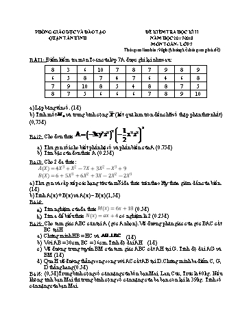Đề kiểm tra học kì II môn Toán 7 - Năm học 2017-2018 - Phòng GD&ĐT Quận Tân Bình (Có đáp án)