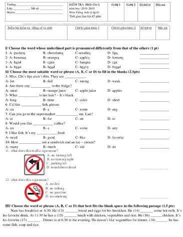 Đề kiểm tra học kì II Tiếng Anh Lớp 6 (Lần 1) - Năm học 2018-2019