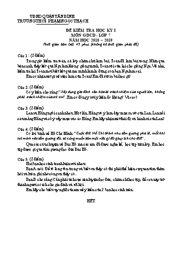 Đề kiểm tra học kỳ 1 môn Giáo dục công dân 7 - Năm học 2018-2019 - Trường THCS Phạm Ngọc Thạch (Có đáp án)