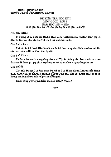 Đề kiểm tra học kỳ 1 môn Giáo dục công dân 8 - Năm học 2018-2019 - Trường THCS Phạm Ngọc Thạch (Có đáp án)