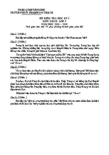 Đề kiểm tra học kỳ 1 môn Giáo dục công dân 9 - Năm học 2018-2019 - Trường THCS Phạm Ngọc Thạch (Có đáp án)