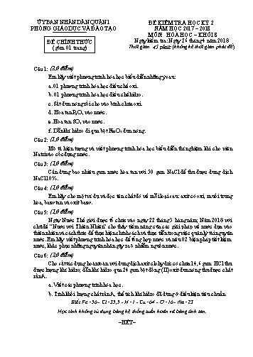Đề kiểm tra học kỳ 2 môn Hóa học 8 - Năm học 2017-2018 - Phòng GD&ĐT Quận 1 (Có đáp án)