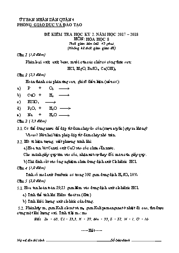 Đề kiểm tra học kỳ 2 môn Hóa học 8 - Năm học 2017-2018 - Phòng GD&ĐT Quận 4