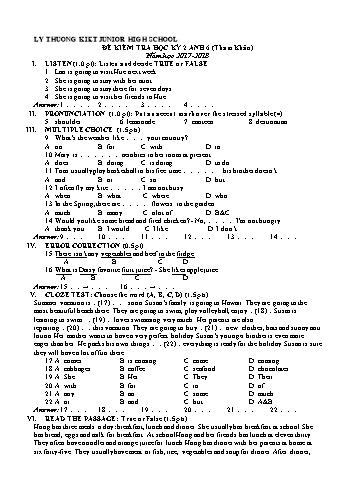 Đề kiểm tra học kỳ 2 môn Tiếng Anh Lớp 6 - Năm học 2017-2018 - Trường THCS Lý Thường Kiệt (Có đáp án)