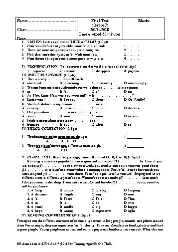Đề kiểm tra học kỳ 2 môn Tiếng Anh Lớp 7 - Năm học 2017-2018 - Trường THCS Nguyễn Gia Thiều (Có đáp án)