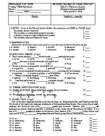 Đề kiểm tra học kỳ 2 môn Tiếng Anh Lớp 8 - Năm học 2017-2018 - Trường THCS Ngô Quyền (Có đáp án)