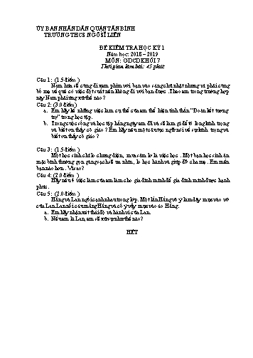 Đề kiểm tra học kỳ I môn Giáo dục công dân 7 - Năm học 2018-2019 - Trường THCS Ngô Sĩ Liên (Có đáp án)