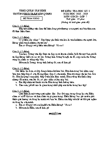 Đề kiểm tra học kỳ I môn Giáo dục công dân Lớp 7 - Năm học 2018-2019 - Trường THCS Trần Văn Quang (Có đáp án)