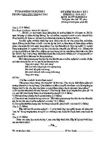 Đề kiểm tra học kỳ I môn Ngữ văn Khối 6 - Năm học 2016-2017 - Phòng GD&ĐT Quận 2 (Có đáp án)